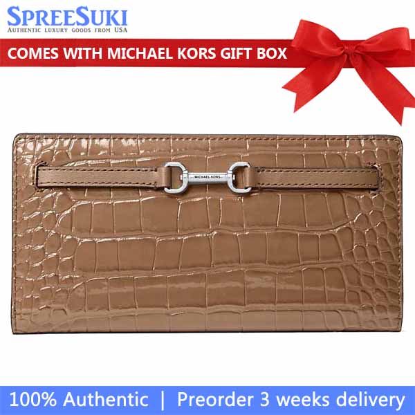 Michael Kors Carson Large Patent Crocodile Embossed Wallet Driftwood Brown # 35F5S2ZE3A