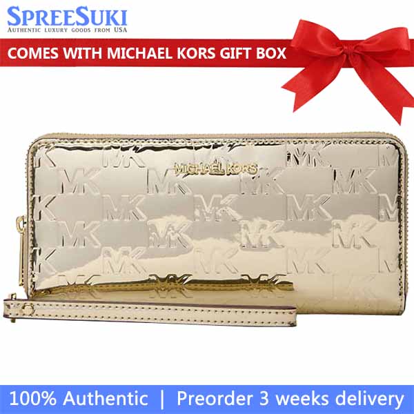 Michael Kors Jet Set Large Metallic Logo Debossed Continental Wallet Pale Gold # 35F5GTVE7O