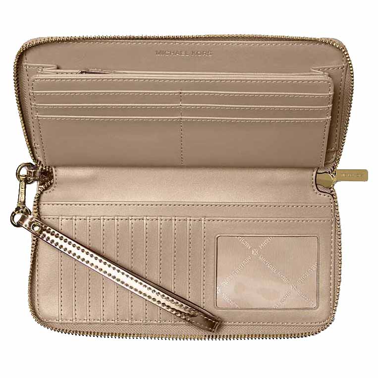 Michael Kors Jet Set Large Metallic Logo Debossed Continental Wallet Pale Gold # 35F5GTVE7O