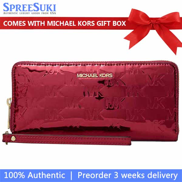 Michael Kors Jet Set Large Metallic Logo Debossed Continental Wallet Cherry Red # 35F5GTVE7O