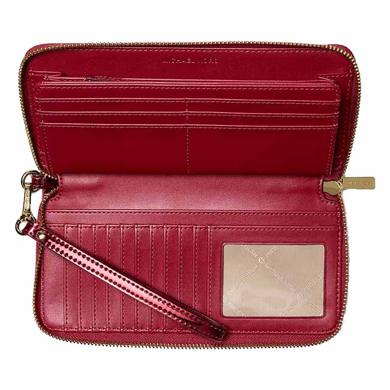 Michael Kors Jet Set Large Metallic Logo Debossed Continental Wallet Cherry Red # 35F5GTVE7O
