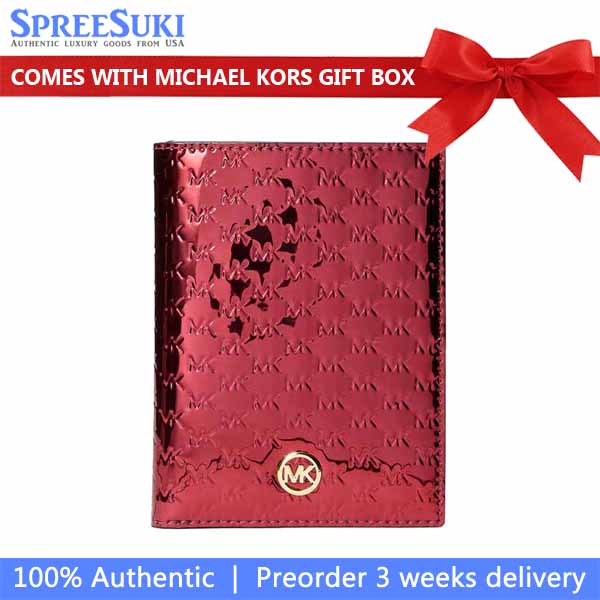 Michael Kors Jet Set Medium Metallic Logo Debossed Passport Wallet Cherry Red # 35F5GTVN8U