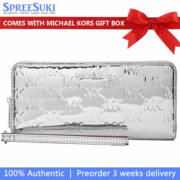 Michael Kors Jet Set Large Patent Logo Debossed Continental Wallet Silver # 35F5STVE7O