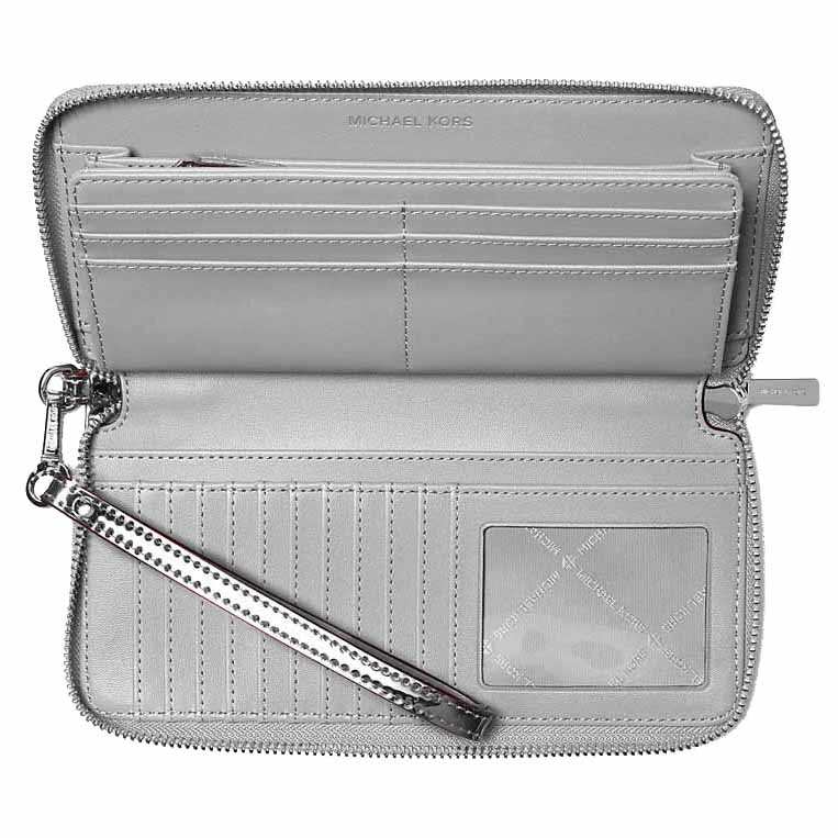 Michael Kors Jet Set Large Patent Logo Debossed Continental Wallet Silver # 35F5STVE7O