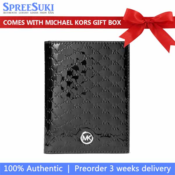 Michael Kors Jet Set Medium Patent Logo Debossed Passport Wallet Black # 35F5STVN8U