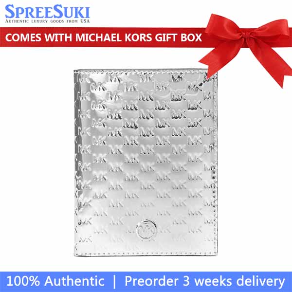 Michael Kors Jet Set Medium Patent Logo Debossed Passport Wallet Silver # 35F5STVN8U