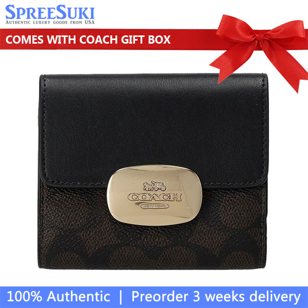Coach Eliza Small Wallet In Signature Canvas Walnut Black Dark Brown # CW801