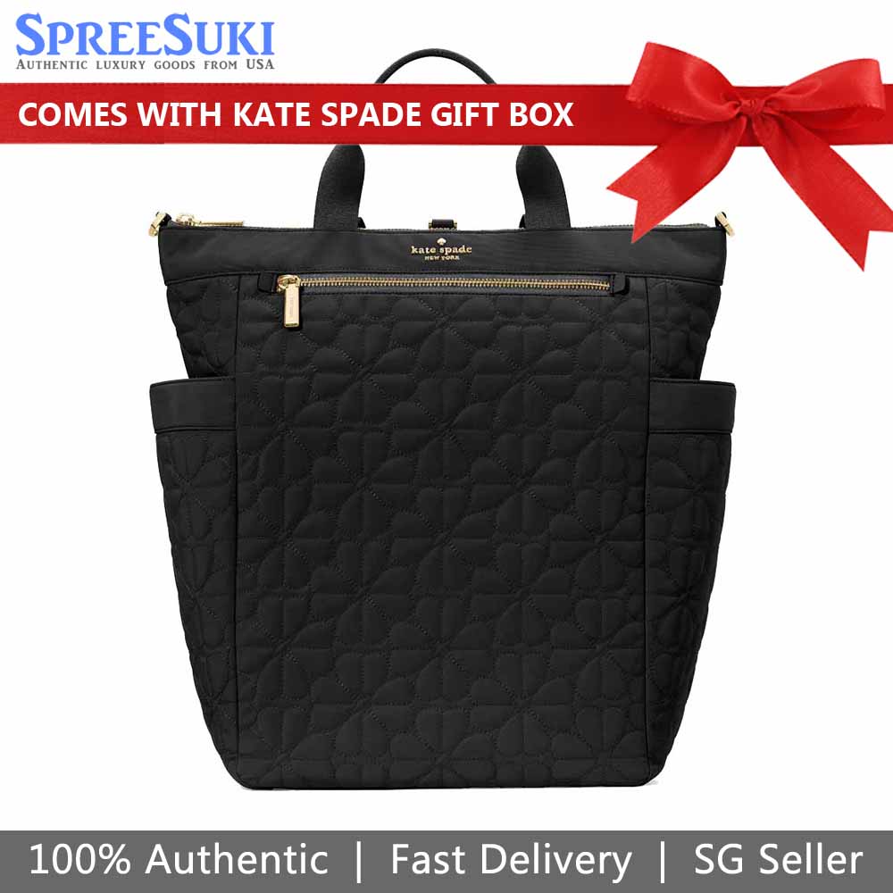 Kate Spade Spade Flower Quilted Fabric Convertible Backpack Black # KK161