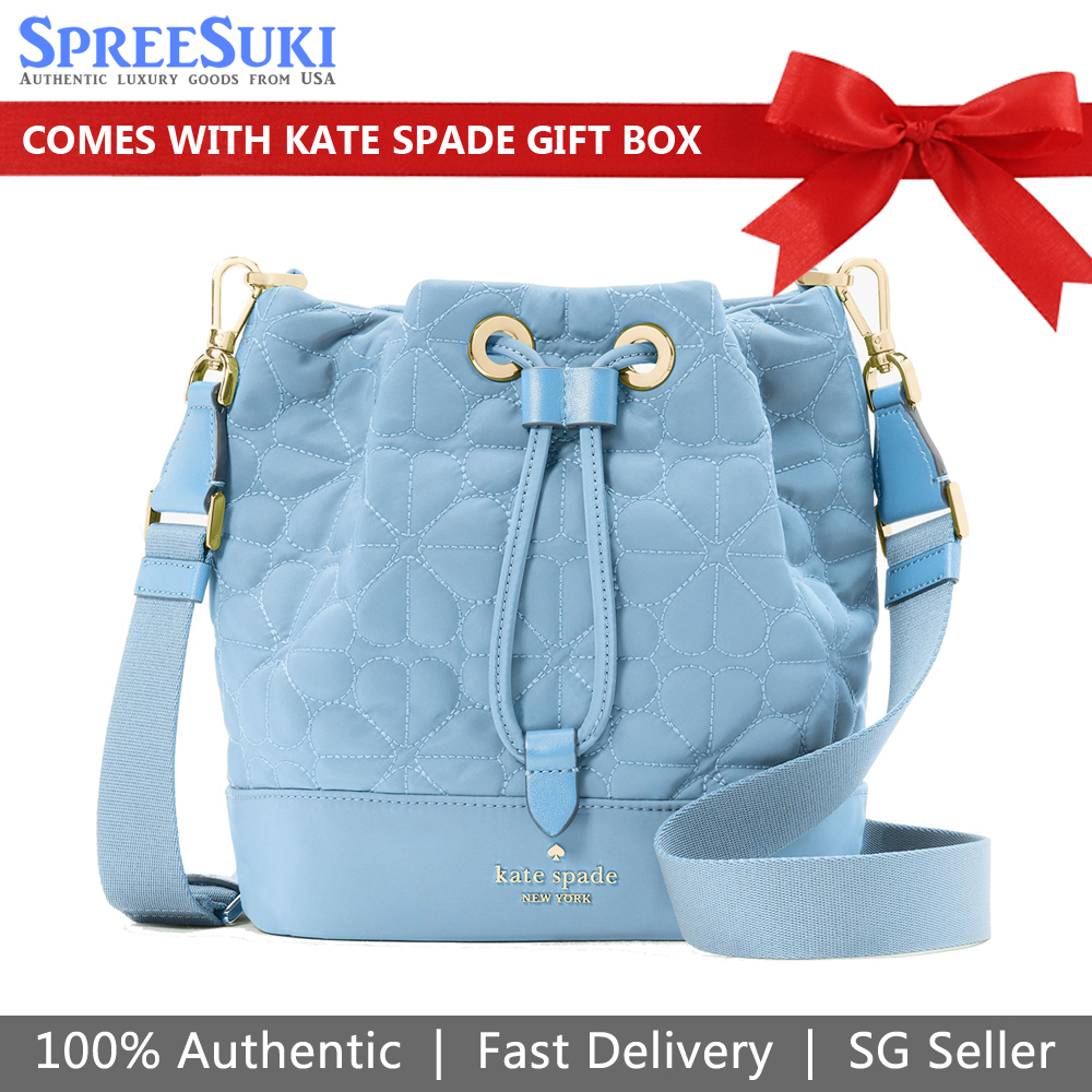 Kate Spade Spade Flower Quilted Fabric Bucket Bag Montauk Blue Baby Blue # KK076