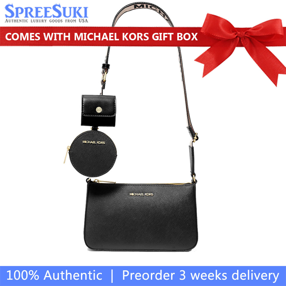 Michael Kors Jet Set Saffiano Leather Crossbody Bag With Case For Apple Airpods Pro Black # 35S3GTVC5T