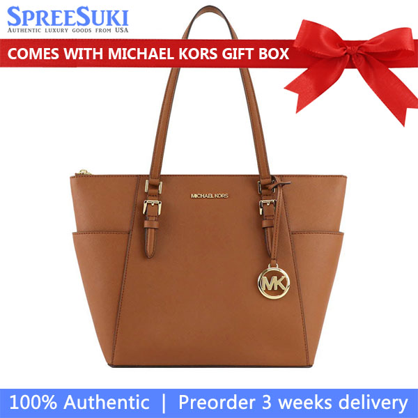 Michael Kors Tote Shoulder Bag Tote Charlotte Leather Large Top Zip Tote Luggage Brown # 35T0GCFT7L