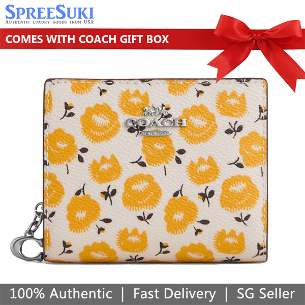 Coach Snap Wallet With Floral Print Silver Chalk Buttercup Multi White # CBO76