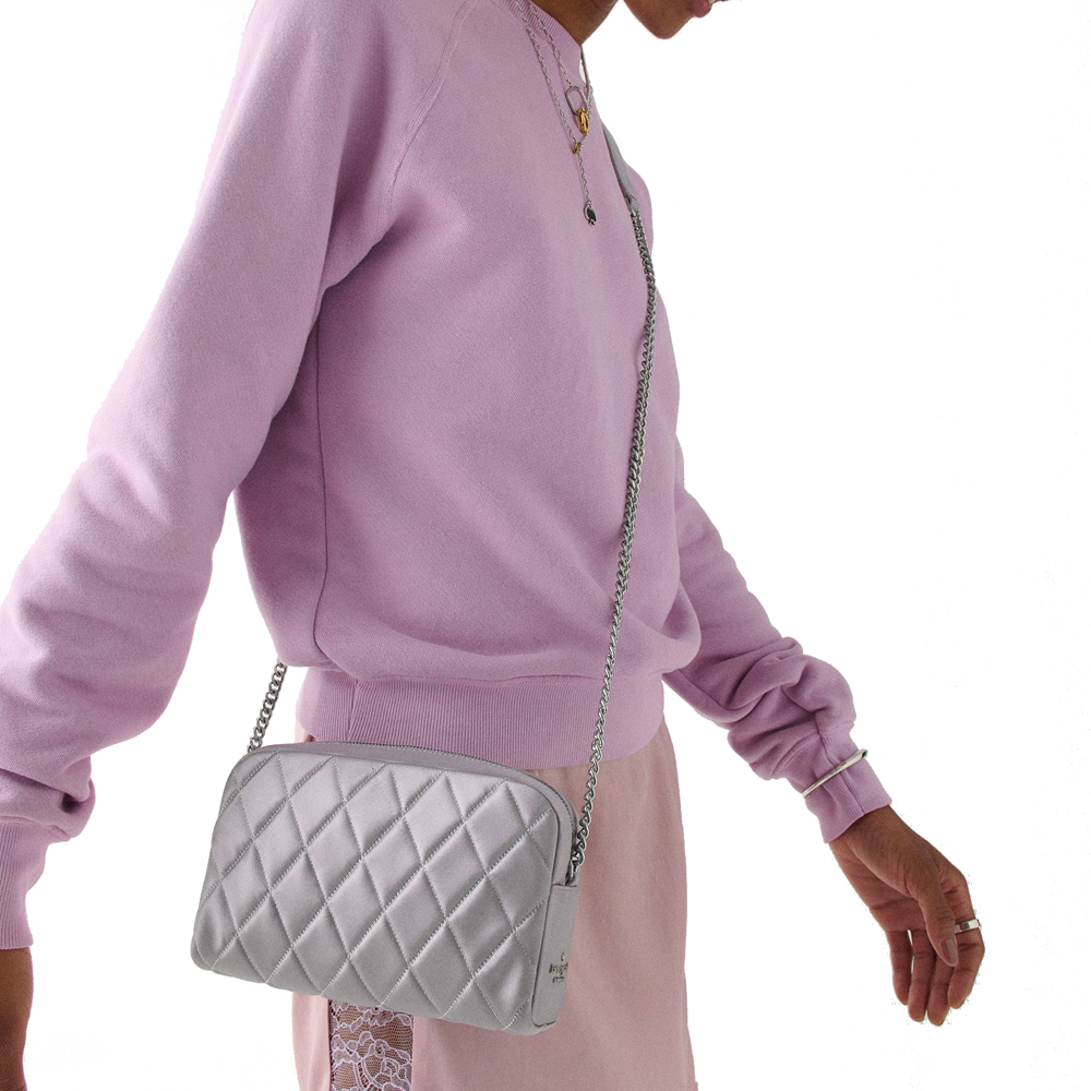 Kate Spade Carey Quilted Satin Mini Camera Bag Gravel Grey Light Grey # KN187