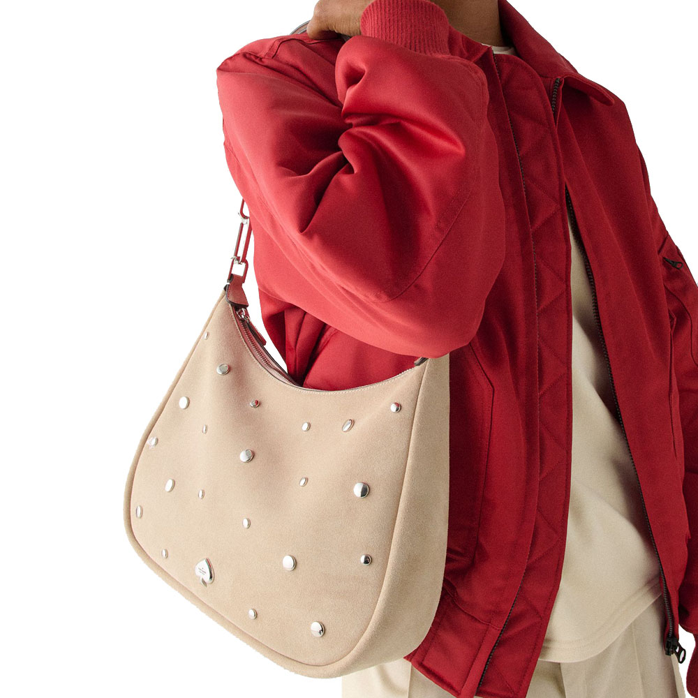 Kate Spade Kayla Suede Studs Large Shoulder Bag Milk Glass Beige # KM671