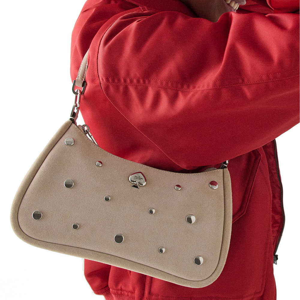 Kate Spade Kayla Suede Studs Small Convertible Shoulder Bag Milk Glass Beige # KM670