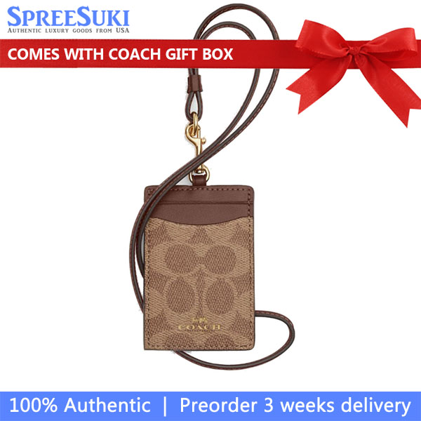 Coach Lanyard Id Signature Canvas Card Holder Card Case Card Holder Tan Brown Dark Brown # CZ285