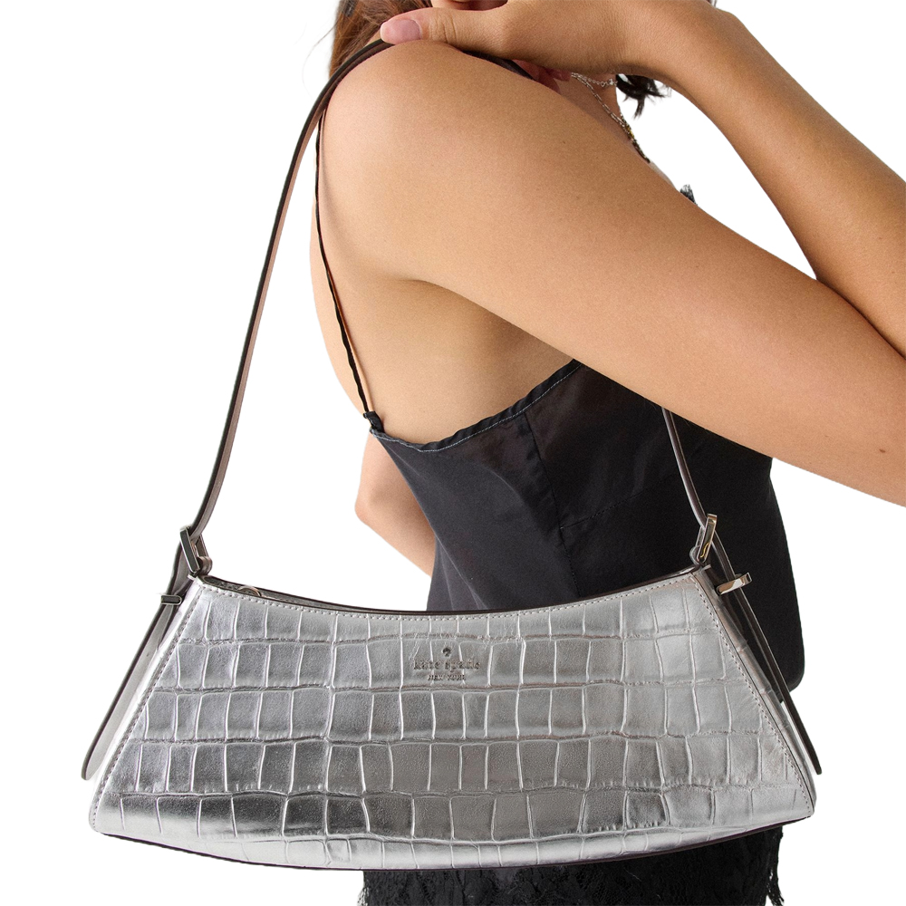 Kate Spade Frankie Metallic Croc Embossed Small East West Shoulder Silver # KM680