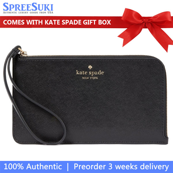Kate Spade Large Wristlet Lucy Saffiano Leather Medium L-Zip Wristlet Pouch Black # KD546