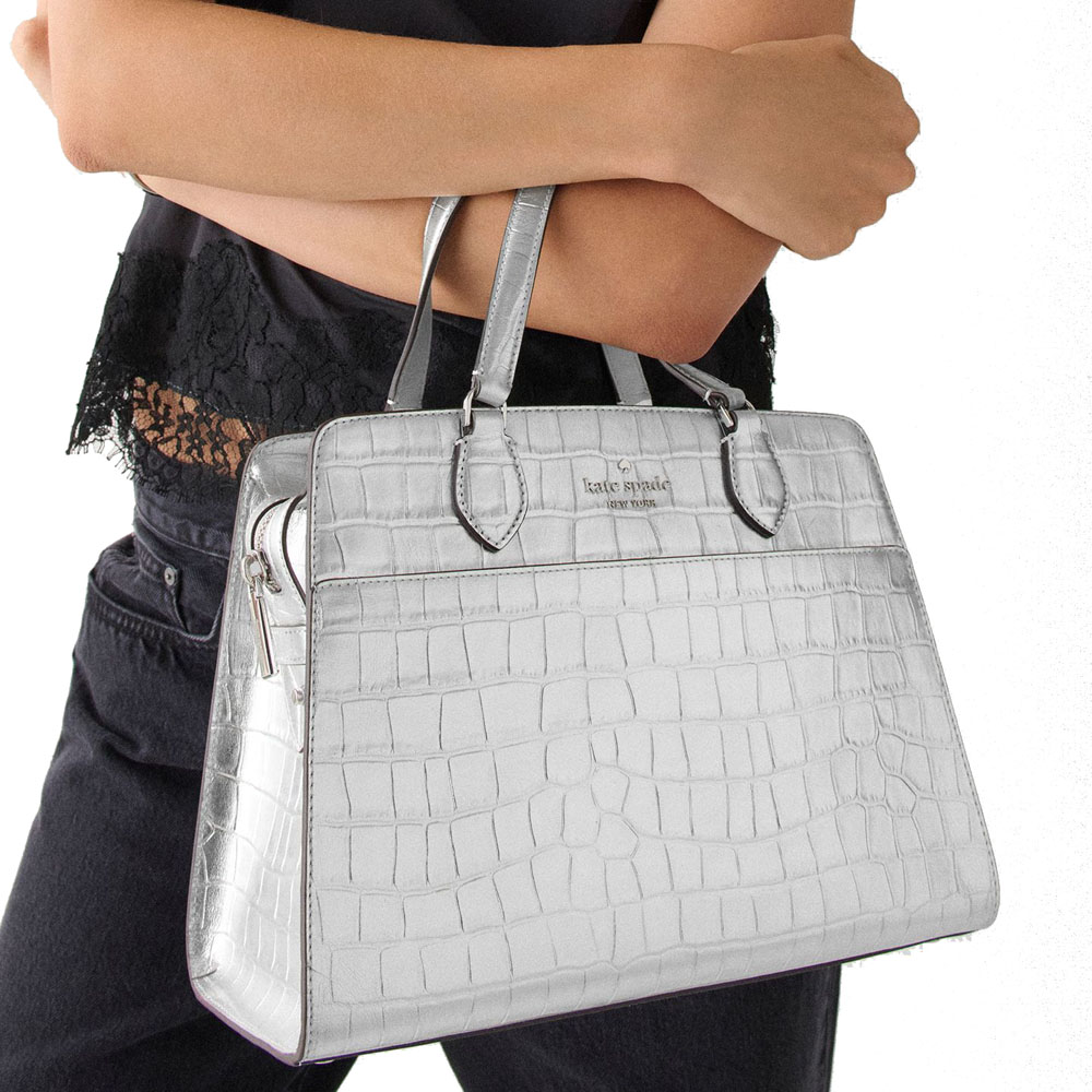 Kate Spade Madison Metallic Croc Embossed Medium Satchel Silver # KN237