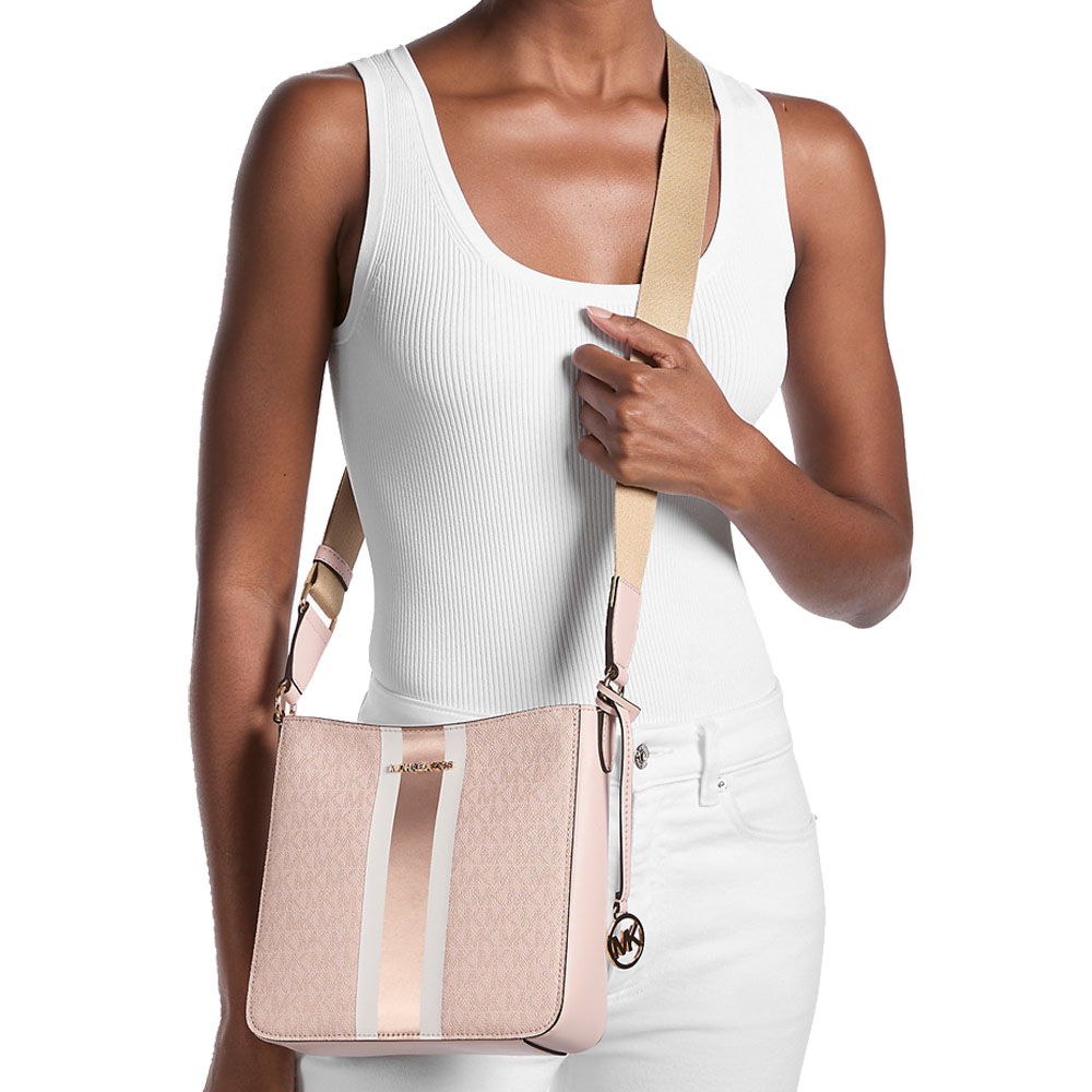 Michael Kors Jet Set Small Signature Logo Stripe Crossbody Bag Powder Blush Blush Pink # 35F5GTVC5K
