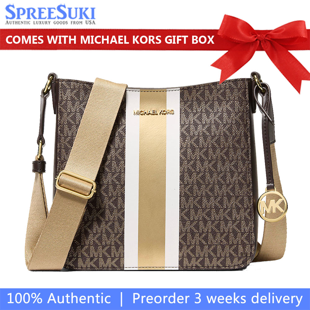 Michael Kors Jet Set Small Signature Logo Stripe Crossbody Bag Brown # 35F5GTVC5K
