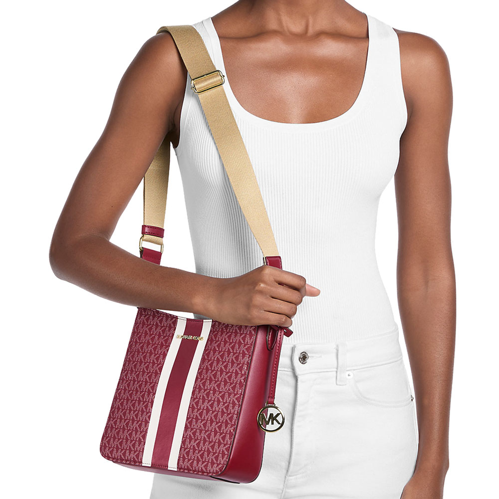 Michael Kors Jet Set Small Signature Logo Stripe Crossbody Bag Cherry Dark Red # 35F5GTVC5K