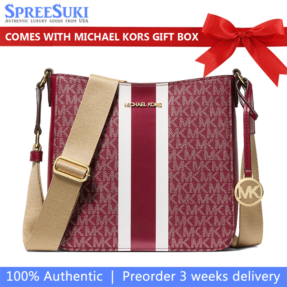 Michael Kors Jet Set Small Signature Logo Stripe Crossbody Bag Cherry Dark Red # 35F5GTVC5K