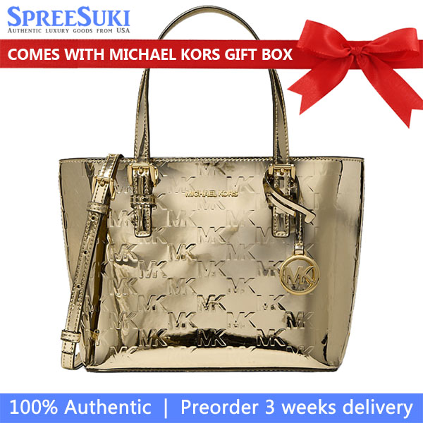 Michael Kors Jet Set Extra-Small Metallic Logo Debossed Convertible Tote Bag Pale Gold # 35F5GTVT0O