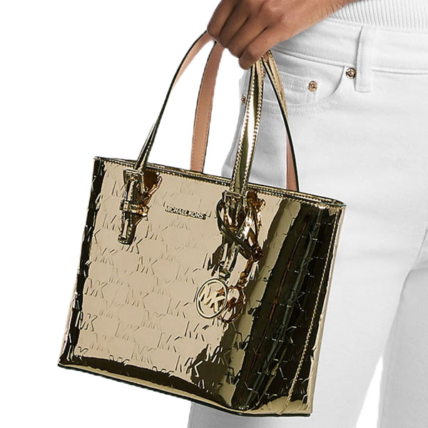 Michael Kors Jet Set Extra-Small Metallic Logo Debossed Convertible Tote Bag Pale Gold # 35F5GTVT0O