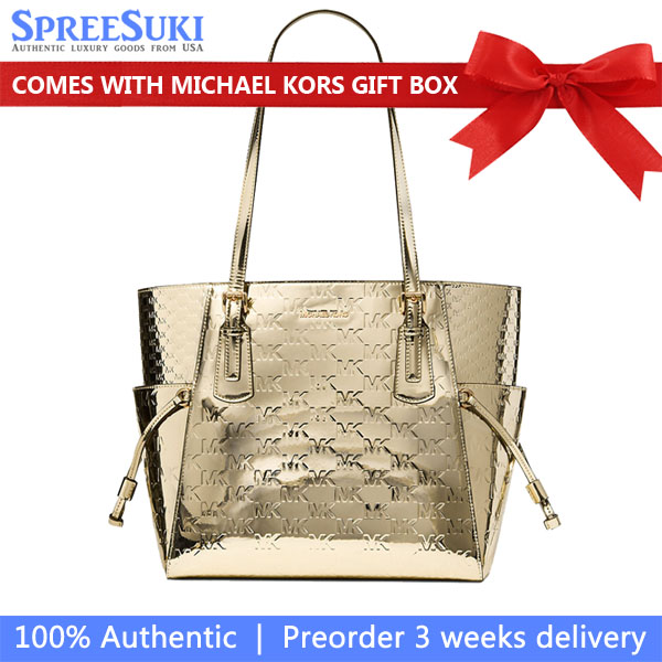 Michael Kors Voyager Large Metallic Logo Debossed Tote Bag Pale Gold # 35F5GV6T7Y