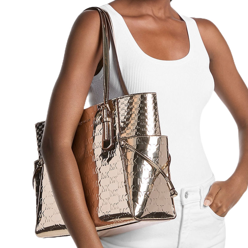 Michael Kors Voyager Large Metallic Logo Debossed Tote Bag Pale Gold # 35F5GV6T7Y