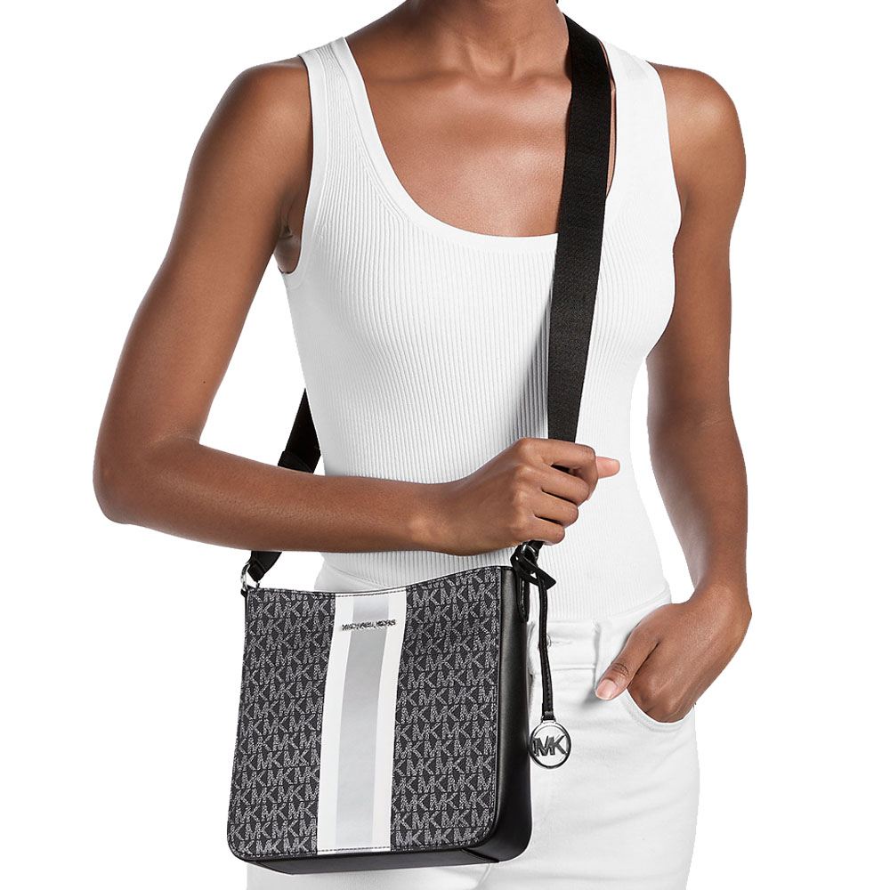 Michael Kors Jet Set Small Signature Logo Stripe Crossbody Bag Black # 35F5STVC5K