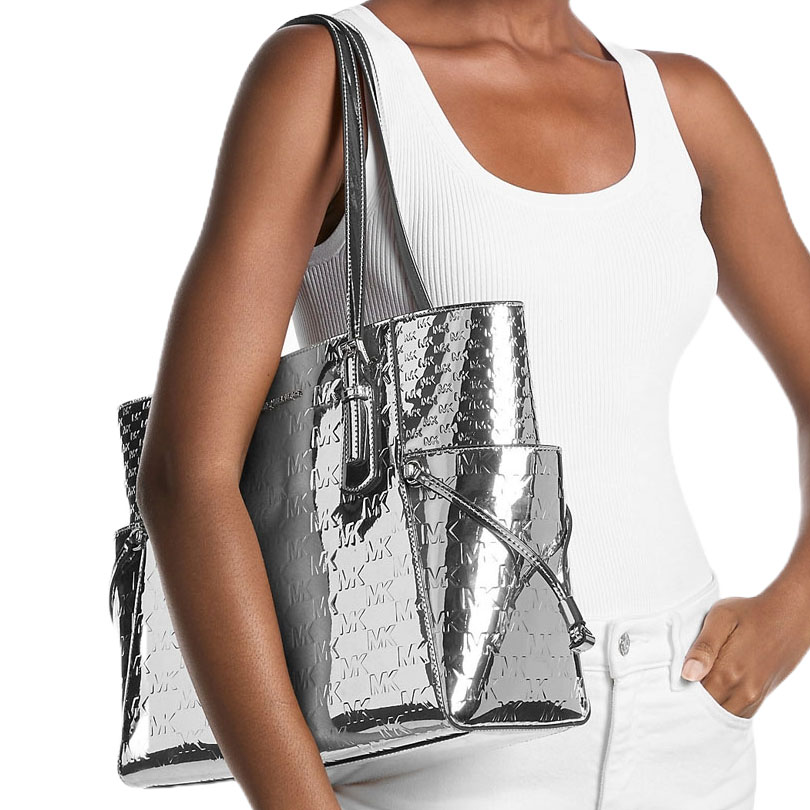 Michael Kors Voyager Large Patent Logo Debossed Tote Bag Silver # 35F5SV6T7Y