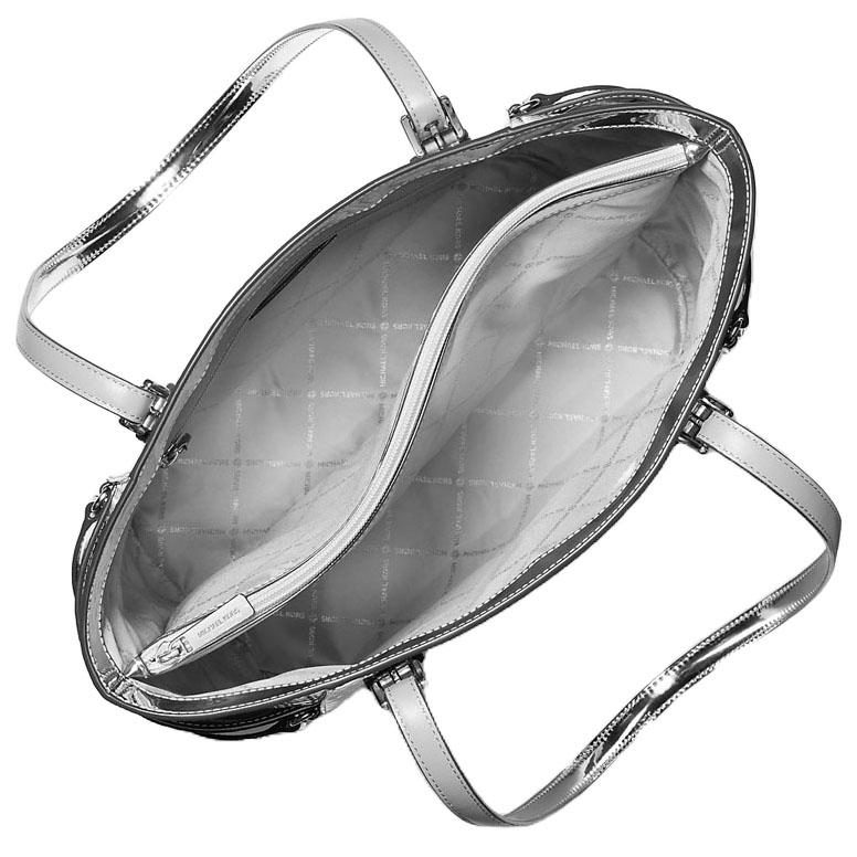 Michael Kors Voyager Large Patent Logo Debossed Tote Bag Silver # 35F5SV6T7Y