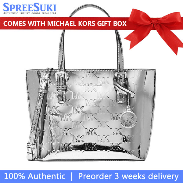 Michael Kors Jet Set Extra-Small Patent Logo Debossed Convertible Tote Bag Silver # 35F5STVT0O