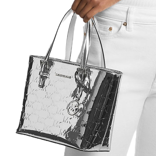 Michael Kors Jet Set Extra-Small Patent Logo Debossed Convertible Tote Bag Silver # 35F5STVT0O