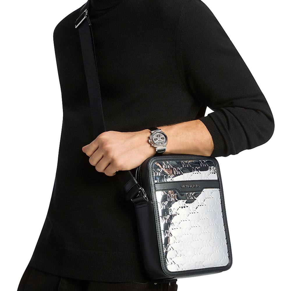 Michael Kors Cooper Metallic Logo Debossed Flight Bag Silver # 37F5LCOC6O