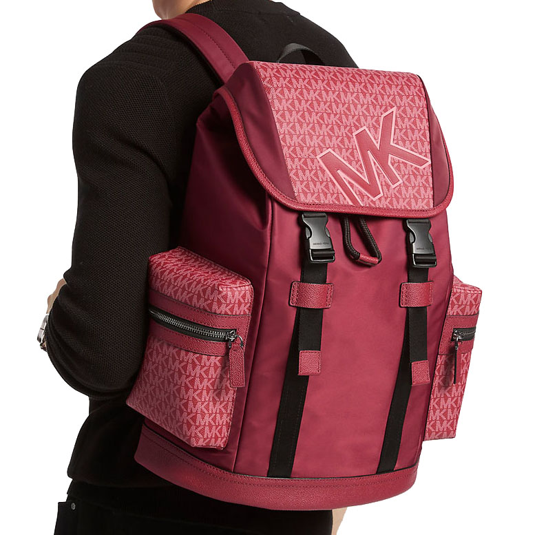 Michael Kors Cooper Signature Logo And Nylon Backpack Cherry Red # 37F5LCOB2U