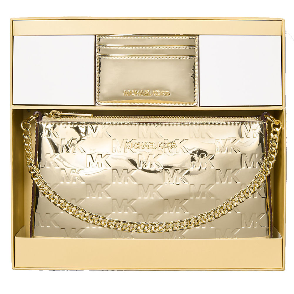 Michael Kors Jet Set Medium Metallic Logo Debossed Pochette And Card Case Gift Set Pale Gold # 35F5GGZD6O