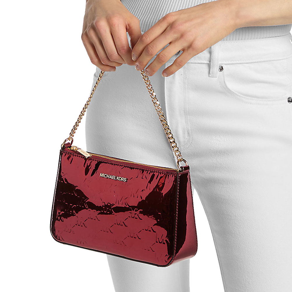 Michael Kors Jet Set Medium Metallic Logo Debossed Pochette And Card Case Gift Set Cherry Dark Red # 35F5GGZD6O