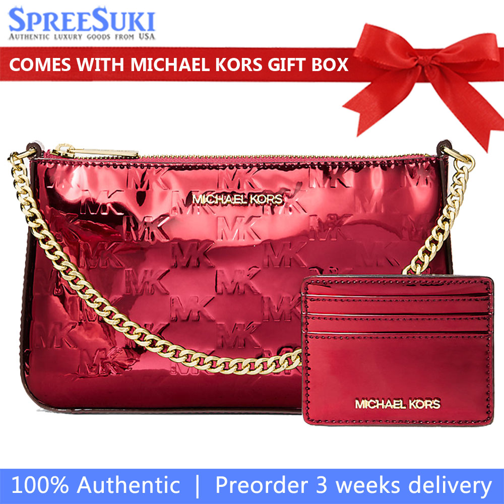 Michael Kors Jet Set Medium Metallic Logo Debossed Pochette And Card Case Gift Set Cherry Dark Red # 35F5GGZD6O
