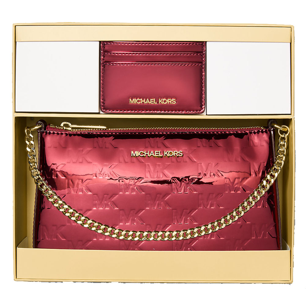 Michael Kors Jet Set Medium Metallic Logo Debossed Pochette And Card Case Gift Set Cherry Dark Red # 35F5GGZD6O