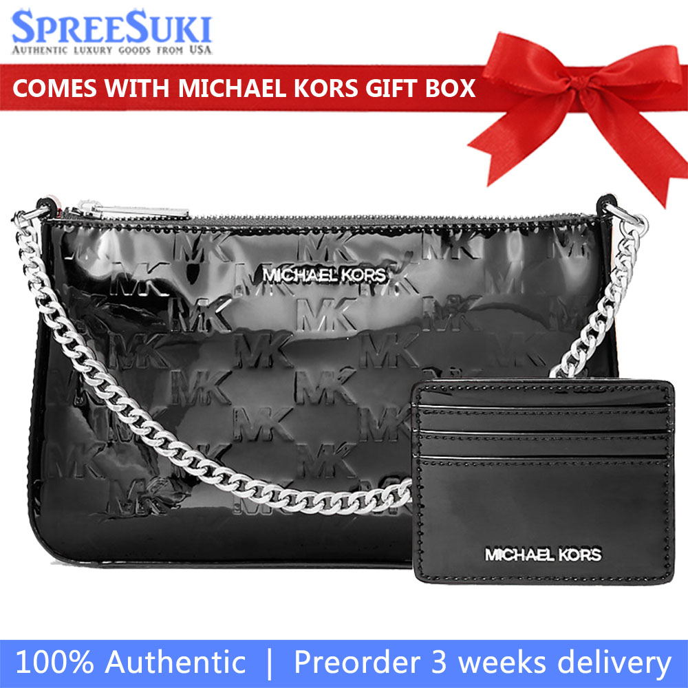 Michael Kors Jet Set Patent Logo Debossed Pochette And Card Case Gift Set Black # 35F5SGZD6O