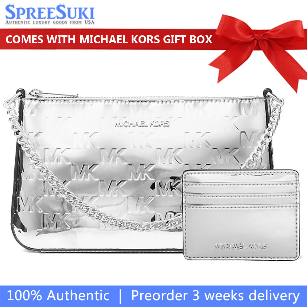 Michael Kors Jet Set Patent Logo Debossed Pochette And Card Case Gift Set Silver # 35F5SGZD6O