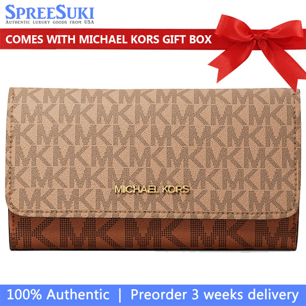 Michael Kors Jet Set Large Signature Logo Tri-Fold Wallet Camel Multi Brown # 35S5GTVF3B