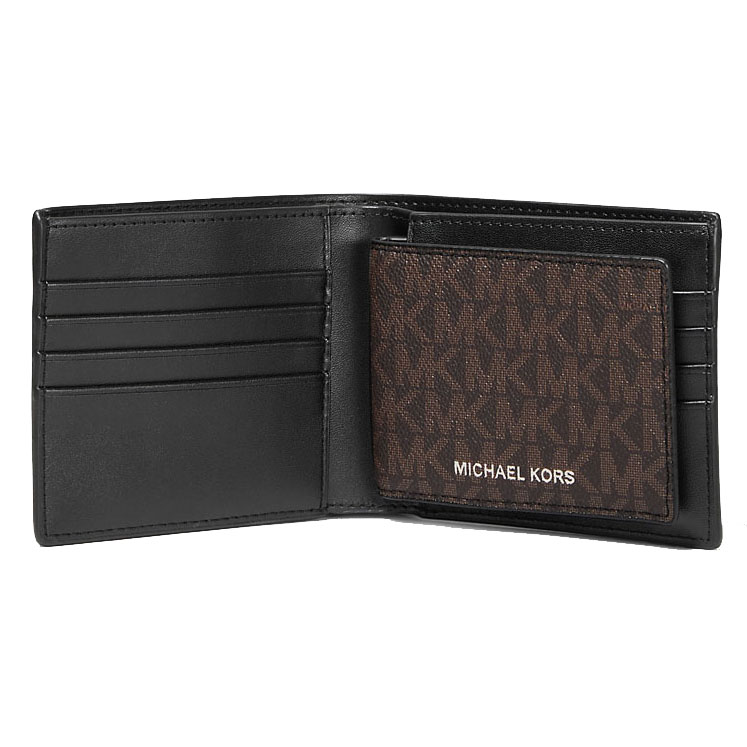 Michael Kors Cooper Logo Billfold Wallet With Passcase Brown Black # 36U9LCRF6B