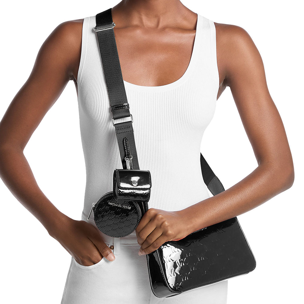 Michael Kors Jet Set Small Patent Logo Debossed Crossbody Bag With Case For Apple Airpods Pro Black # 35F5STVC1O