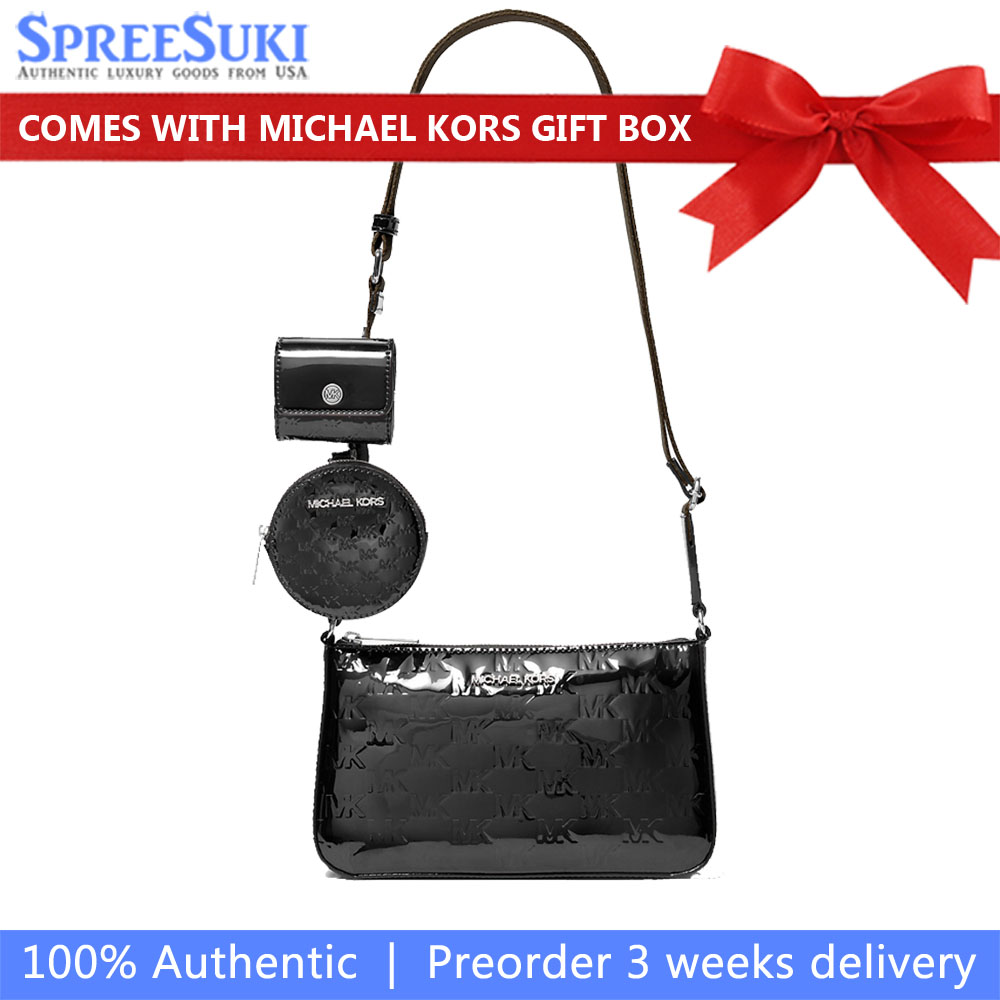 Michael Kors Jet Set Small Patent Logo Debossed Crossbody Bag With Case For Apple Airpods Pro Black # 35F5STVC1O