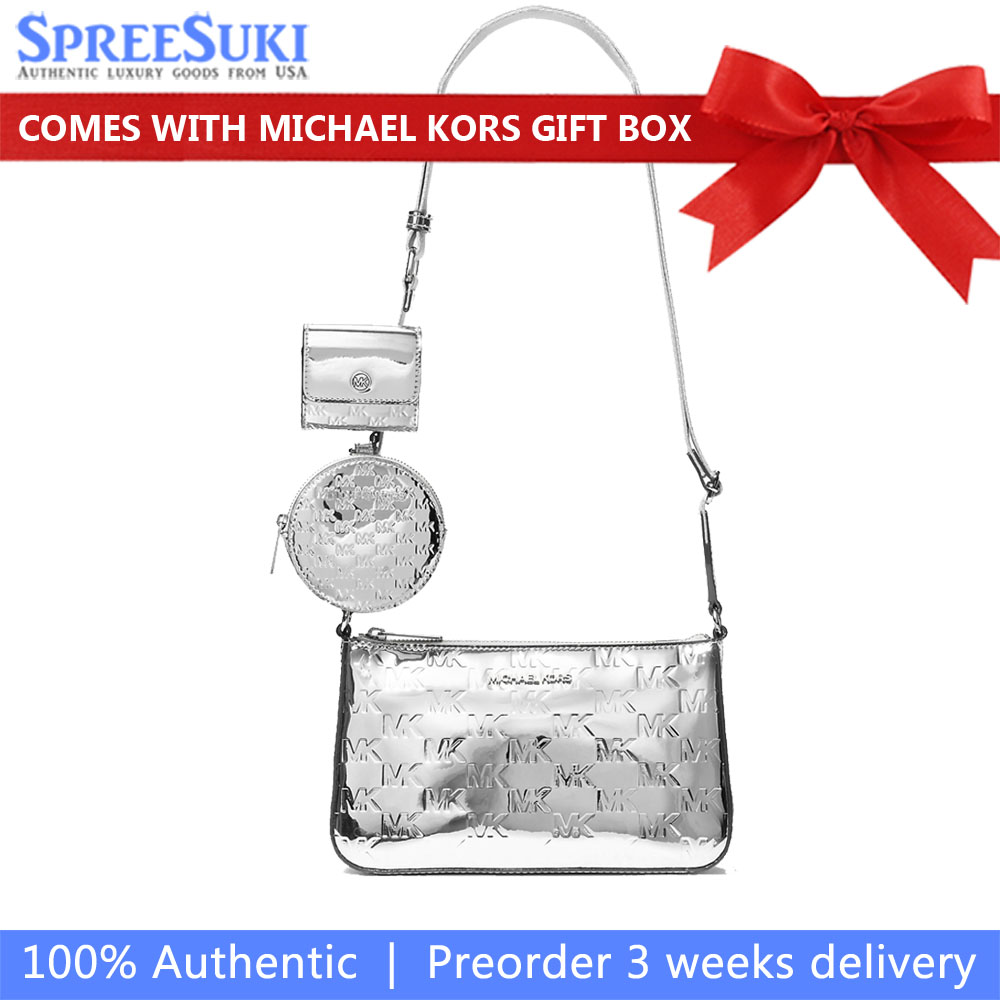 Michael Kors Jet Set Small Patent Logo Debossed Crossbody Bag With Case For Apple Airpods Pro Silver # 35F5STVC1O