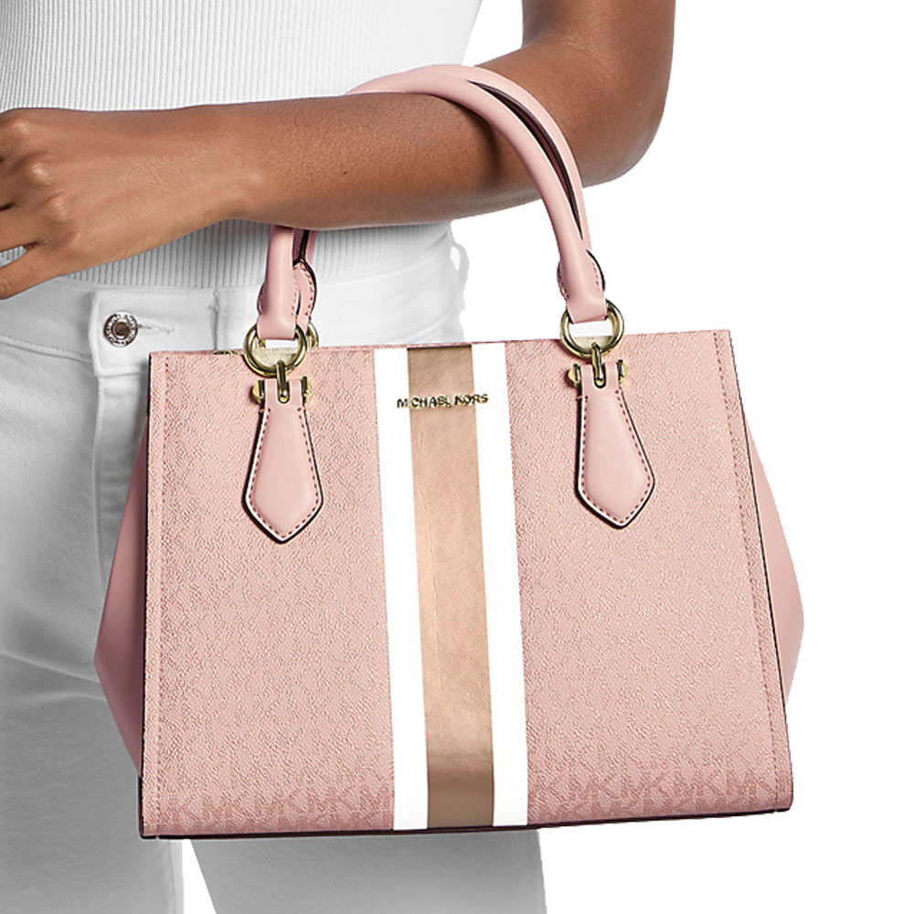 Michael Kors Marilyn Medium Signature Logo Stripe Satchel Powder Blush Blush Pink # 35F5G6AS6V